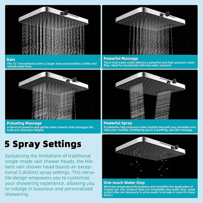 Hibbent Rain Shower Head, 13'' High Pressure Rainfall Square 5 Spray Mode Showerhead with 16" Shower Head Extension Arm, Solid Brass Adjustable Shower Arm Extender, Waterfall fixed Showerheads, Chrome