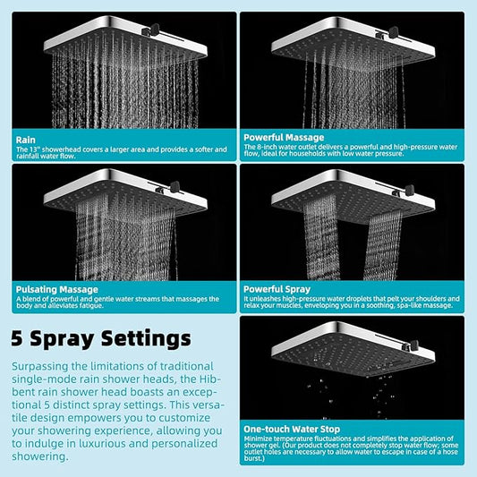 Hibbent Rain Shower Head, 13'' High Pressure Rainfall Square 5 Spray Mode Showerhead with 16" Shower Head Extension Arm, Solid Brass Adjustable Shower Arm Extender, Waterfall fixed Showerheads, Chrome