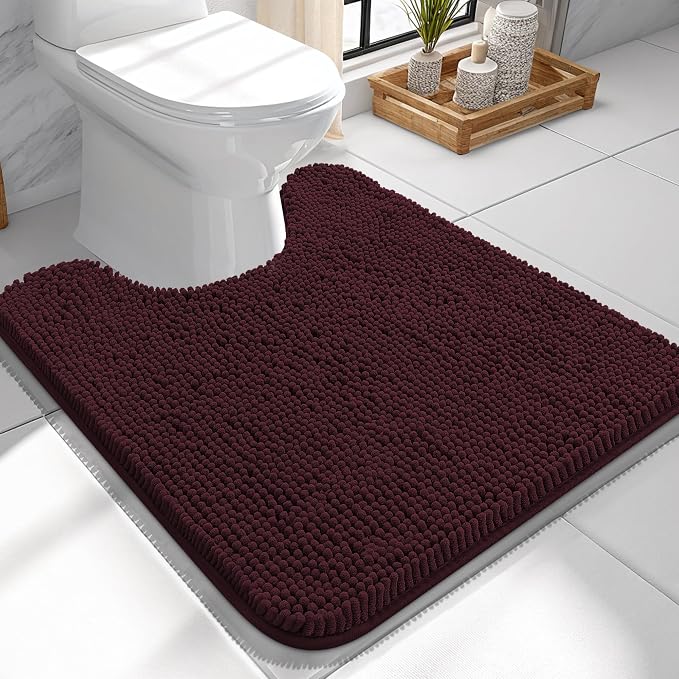 OLANLY Toilet Rugs U-Shaped 24x24, Soft Absorbent Chenille Contour Rugs | Black Cherry, Quick-Drying Rubber Backing, Machine Washable Non-Slip Shaggy Bathroom Mat for Toilet, Home Decor Accessories