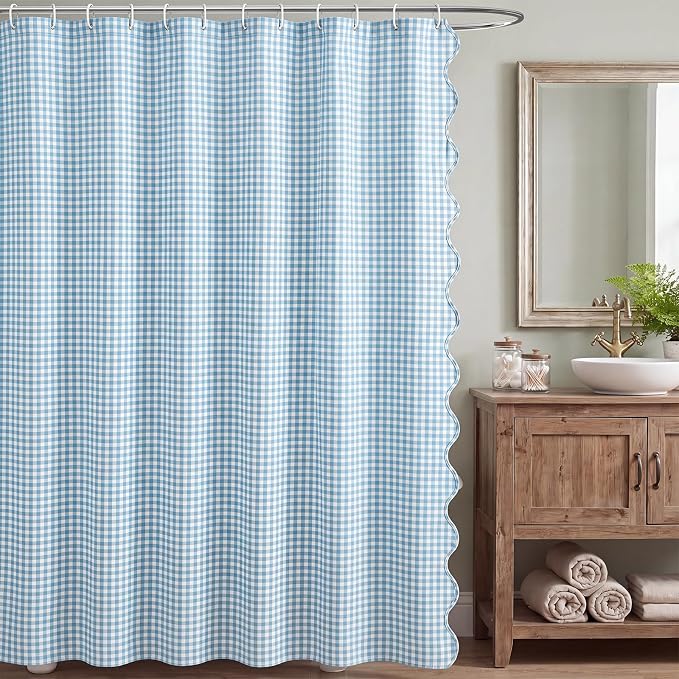HunnmingRe Scalloped Gingham Shower Curtain Light Blue | 72'' x 72'' Vintage Farmhouse Curtain, Cotton Cottage Core Rural Checkered Plaid Decor, Fall Shower Curtain for Bathroom