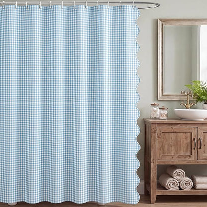 HunnmingRe Scalloped Gingham Shower Curtain Light Blue | 72'' x 72'' Vintage Farmhouse Curtain, Cotton Cottage Core Rural Checkered Plaid Decor, Fall Shower Curtain for Bathroom