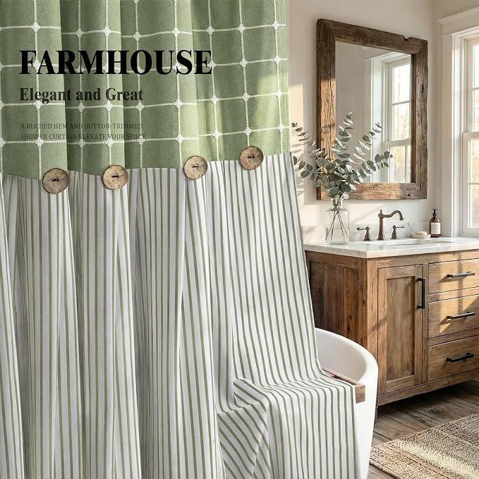Farmhouse Shower Curtain Button Plaid-Green-Green Stripe 72"W x 72"L | Farmhouse Style, Chic Button, Striped, Linen Fabric, Rustic, Country, Natural Look, Washable, for Bathroom Bathtub