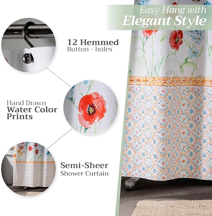 Maison d' Hermine Shower Curtain 100% Cotton One Panel 70"x72" Washable Fabric Shower Curtains for Bathroom, Easy Hanging with 12 Button Holes - Home Hotel Spa Easter Gifts (Summer Whisper)