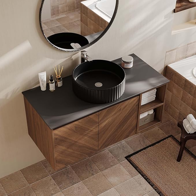 36 Inch Floating Vanity Bathroom with Single Sink, Wall-Mounted Floating Bathroom Cabinet with Sintered Stone Countertop & Black Ceramic Basin, Ample Storage and Open Shelves, Dark Wood