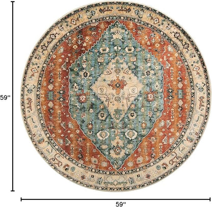 Lahome Felice Boho Tribal Round Rugs 5ft Washable Kitchen Round Area Rug, Non Slip Bedroom Living Room Circle Circular Rug, Oriental Low Pile Entryway Carpet for Bathroom (Rust/Dull Teal,5ft-Round)
