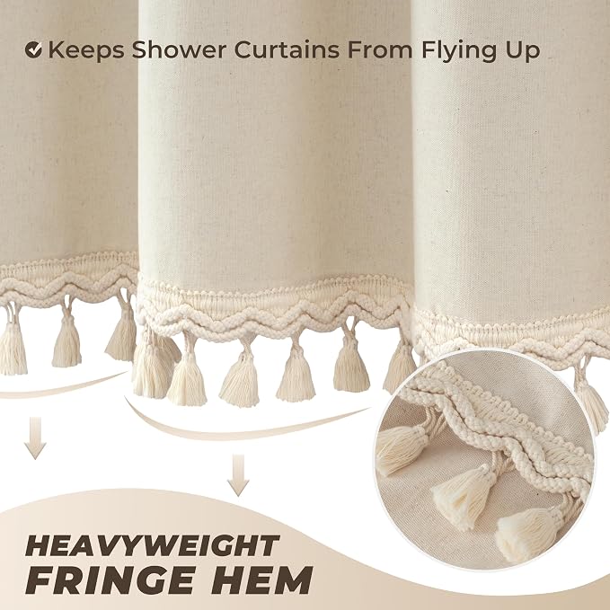 Linen Shower Curtain Boho Beige Shower Curtain with 3 Tassels 72"W x 72"L | Thick linen-poly blend, three handcrafted fringe accents, soft drape, neutral rustic styling for bathroom decor