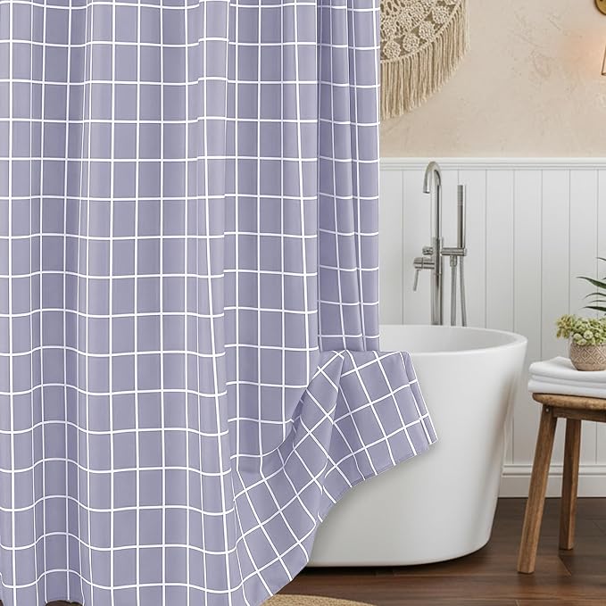 Fabric Farmhouse Shower Curtain-Cloth Extra Long Shower Curtains Bathroom | 72"Wx84"L Lavender Faux Linen Grid Minimalist Simple Rustic Neutral Shower Curtain-Geometric Plaid Washable Hotel Quality