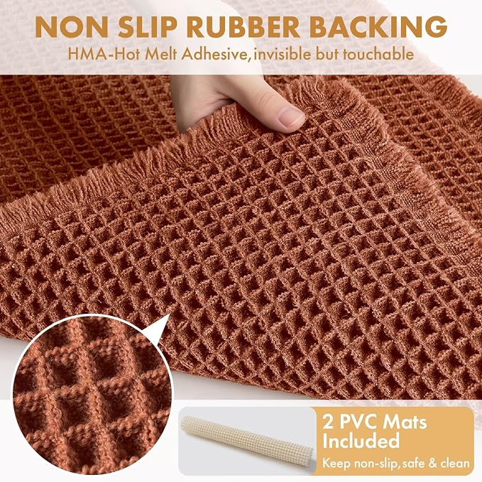 MIULEE Fall Rust Set of 2 Waffle Bathroom Rugs Boho Bath Mat 18x30 Inch | Non Slip, Super Absorbent, Washable, Ultra Soft, Rubber Backed Bath Rugs for Bathroom Floor Tub Shower