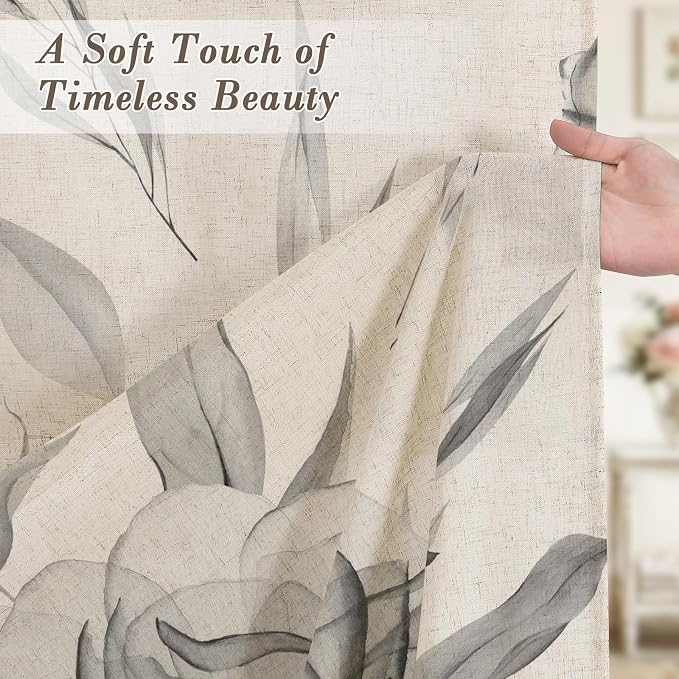 Litabel Farmhouse Grey Floral Linen Shower Curtain, Boho Vintage Spring Cotton Shower Curtains for Chic Elegant Bathroom Decor, Ink Painting Style Blossom Fabric Bath Curtain, 72 x 72