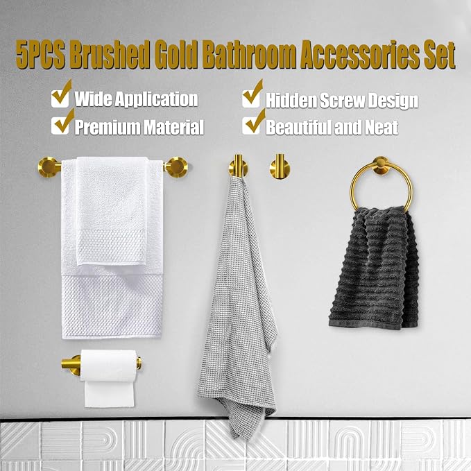 5PCS Brushed Gold Bathroom Accessories Set, Bathroom Hardware Set | Splicing 24 Inch Stainless Steel Bath Towel Bar Set, Gold Bathroom Accessories Wall Mounted