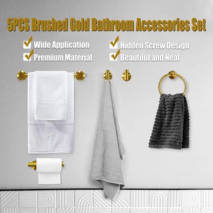 5PCS Brushed Gold Bathroom Accessories Set, Bathroom Hardware Set | Splicing 24 Inch Stainless Steel Bath Towel Bar Set, Gold Bathroom Accessories Wall Mounted