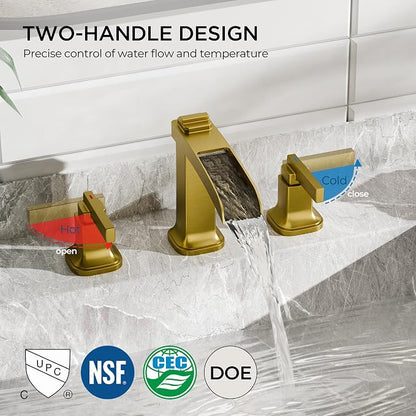 FORIOUS Brass Waterfall Brushed Gold Bathroom Faucets 3 Hole, Modern Widespread 8 Inch Bathroom Sink Faucet with Metal Pop-up Drain and Pre-Assembled Hose for Vanity, Restroom,Bathtub