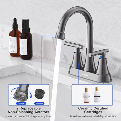 Bathroom Faucets for Sink 3 Hole, Hurran 4 inch Brushed Grey Bathroom Sink Faucet with Pop-up Drain and Supply Hoses, Stainless Steel Lead-Free Centerset Touch On Faucets for Vanity RV