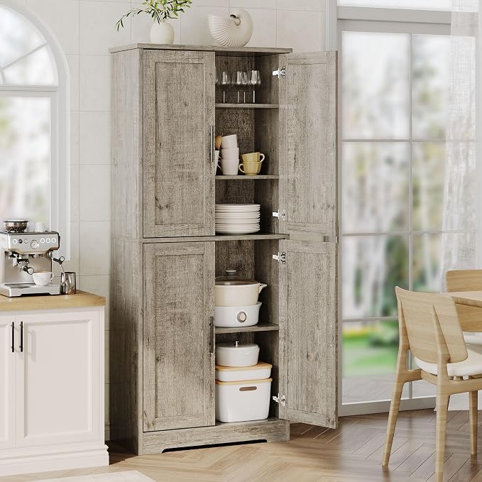 Garvee Kitchen Pantry Cabinet, 70 Inch Tall Storage Cabinet | with Doors and Adjustable Shelves, Freestanding Wooden Classic Cupboard for Living Room, Dining Room, Bathroom
