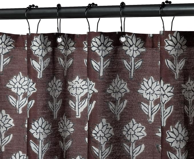 MUGINYU Brown Floral Shower Curtain Vintage Block Print - 72x72 Inches,Cotton Blend Cloth Fabric,Neutral Farmhouse Decorative French Country Bathroom Decor, Cottagecore Aesthetic Pattern