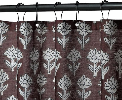 MUGINYU Brown Floral Shower Curtain Vintage Block Print - 72x72 Inches,Cotton Blend Cloth Fabric,Neutral Farmhouse Decorative French Country Bathroom Decor, Cottagecore Aesthetic Pattern