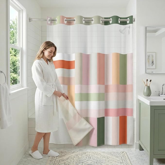 Americanflat 72x75 Hookless Shower Curtain - Water-Resistant Modern Stripe Shower Curtain with Sheer Panel, Snap-In Liner, and Grommets - 100% Polyester - Pink, Sage Green, Terracotta, Peach and White