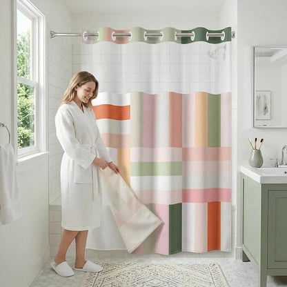 Americanflat 72x75 Hookless Shower Curtain - Water-Resistant Modern Stripe Shower Curtain with Sheer Panel, Snap-In Liner, and Grommets - 100% Polyester - Pink, Sage Green, Terracotta, Peach and White