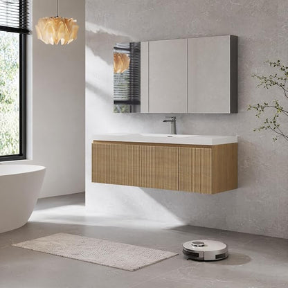 Floating Bathroom Vanity, 48" Wall Mounted Bathroom Cabinet with Glossy White Stone Resin Sink, U-Shaped Soft-Close Drawer & Door, Pre-Assembled Striped Bathroom Storage Vanity, Natural Wood