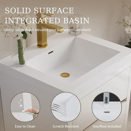 Modern 24" Wall-Mounted Bathroom Vanity with Sink | Floating Storage Cabinet, Stone Resin Countertop, Soft Close Drawers | Glossy White