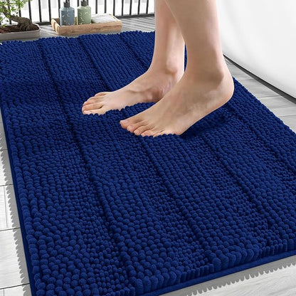 OLANLY Thick Bathroom Rugs 34x21, Soft Chenille Striped Bath Rugs, Navy | Rubber Backing, Machine Wash, Extra Absorbent Bath Mats for Bathroom Floor, Tub and Shower, Home Decor Accessories
