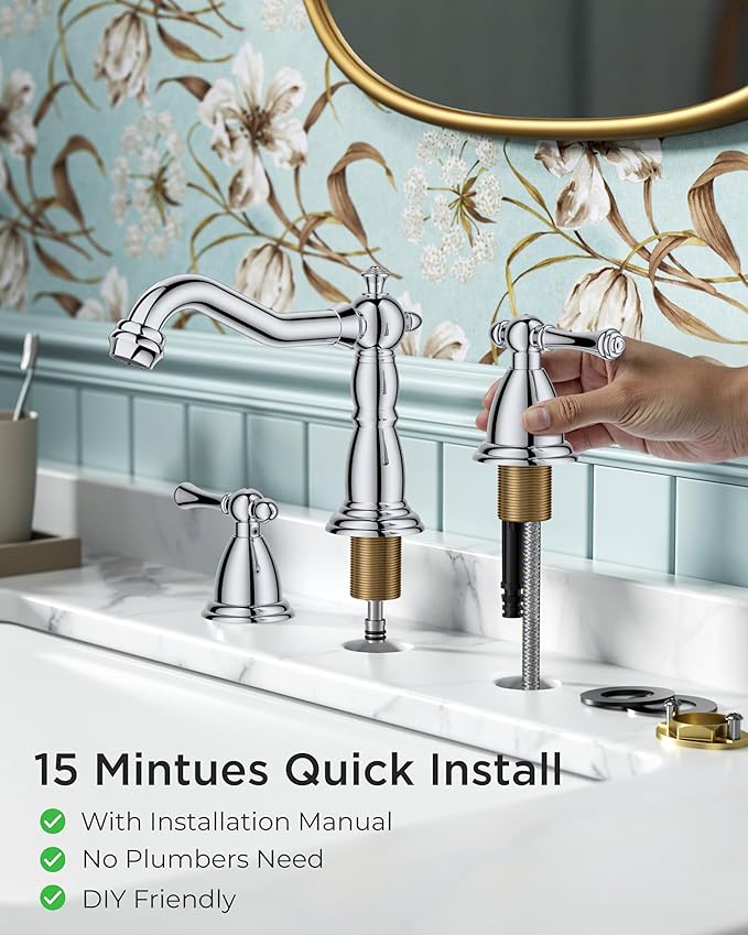 FORIOUS Bathroom Sink Faucet 3 Holes, 2 Handle Faucet for Bathroom Sink with Pop-Up Drain and Water Supplies for Commercial, Vanity, Lavatory, Restroom, Farmhouse (Chrome)