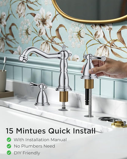 FORIOUS Bathroom Sink Faucet 3 Holes, 2 Handle Faucet for Bathroom Sink with Pop-Up Drain and Water Supplies for Commercial, Vanity, Lavatory, Restroom, Farmhouse (Chrome)