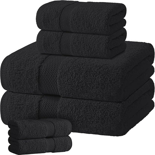 Black Bath Towel Set of 6 - 100% Cotton Highly Absorbent Towels for Bathroom, 2 Luxury Bath Towels 650GSM, 2 Hand Towels, 2 Washcloths