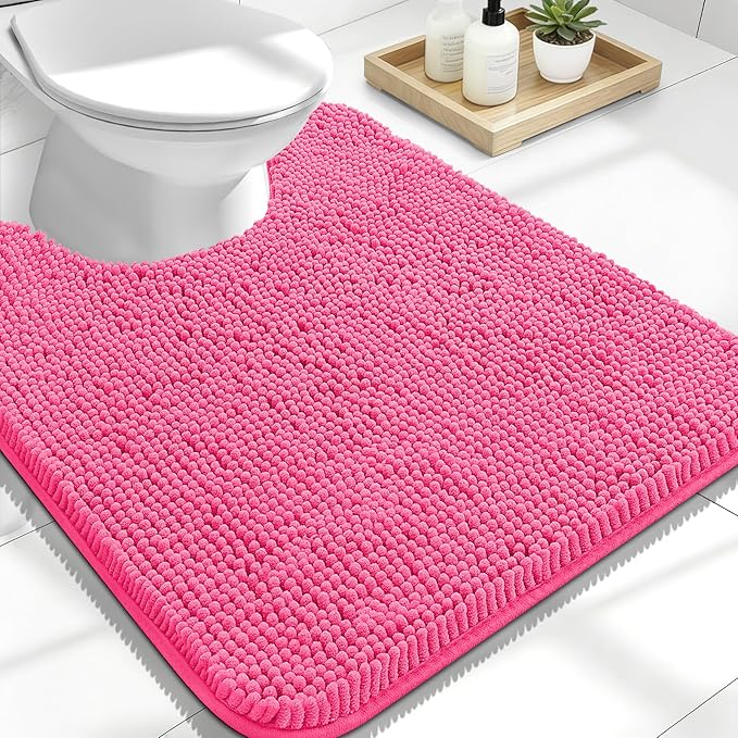 OLANLY Toilet Rugs U-Shaped 24x20, Soft Absorbent Chenille Contour Rugs | Hot Pink, Quick-Drying Rubber Backing, Machine Washable Non-Slip Shaggy Bathroom Mat for Toilet, Home Decor Accessories
