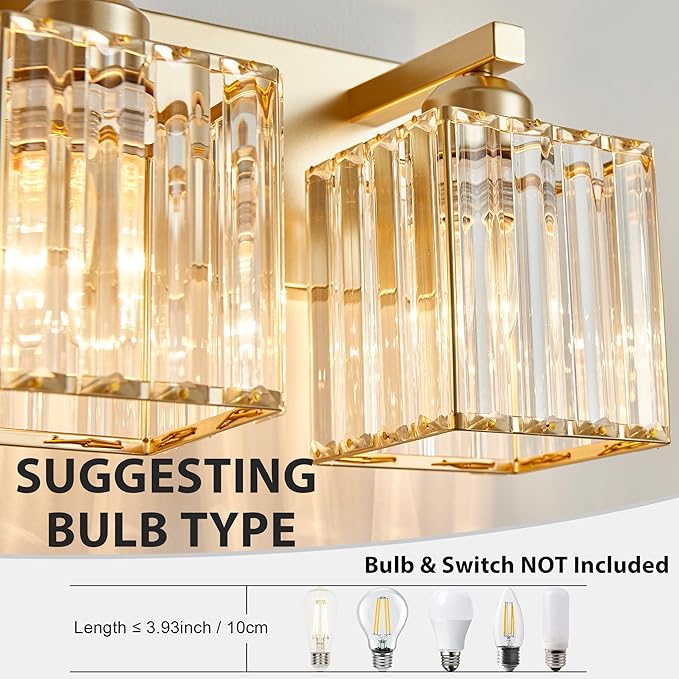 Bathroom Vanity Light Fixtures Over Mirror 4 Crystal Lights - Makeup Lighting Pure Gold - for Modern Wall, Bath, Desk, Farmhouse, Hallway