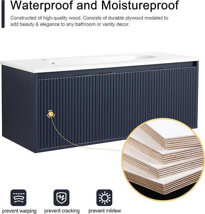 Malwee 48 Inch Floating Bathroom Vanity with Sink, 48'' Single Sink Wall Mounted Bathroom Vanity Como, with 3 Soft Close Doors and White Waterdrop Gel Coat Basin Top, Navy Blue (05848)