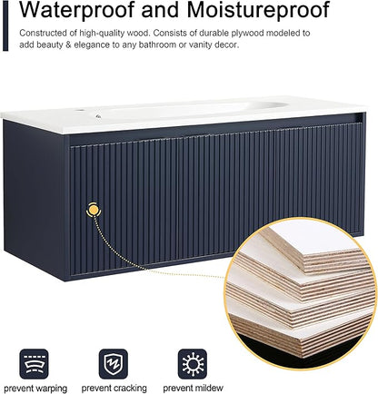 Malwee 48 Inch Floating Bathroom Vanity with Sink, 48'' Single Sink Wall Mounted Bathroom Vanity Como, with 3 Soft Close Doors and White Waterdrop Gel Coat Basin Top, Navy Blue (05848)