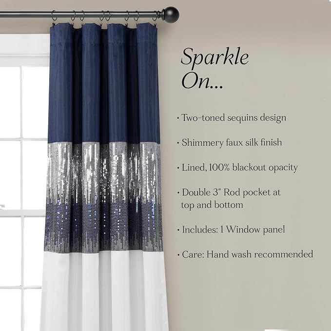 Lush Decor Night Sky 100% Blackout Window Curtain Panel Single 42"W x 84"L, Navy & White - Blackout Curtains For Bedroom - Sequin Curtains - Glam Decor