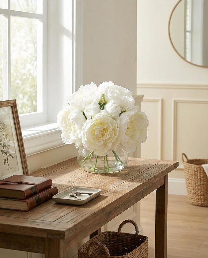 Garvee Artificial Peonies Flowers with Vase, Mixed White Silk Peony Bouquet with Faux Water in Glass Vase, Lifelike Fake Peonies Floral Arrangement for Table Centerpiece, Wedding, Party, Home Decor