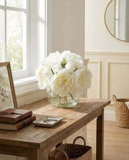 Garvee Artificial Peonies Flowers with Vase, Mixed White Silk Peony Bouquet with Faux Water in Glass Vase, Lifelike Fake Peonies Floral Arrangement for Table Centerpiece, Wedding, Party, Home Decor