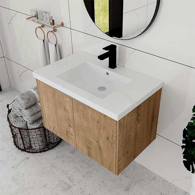 30 Inch Bathroom Vanity with Sink, Modern Wall Mount Floating Bathroom Vanity Set, Brown Vanity, Ceramic Sink and Soft Close Door