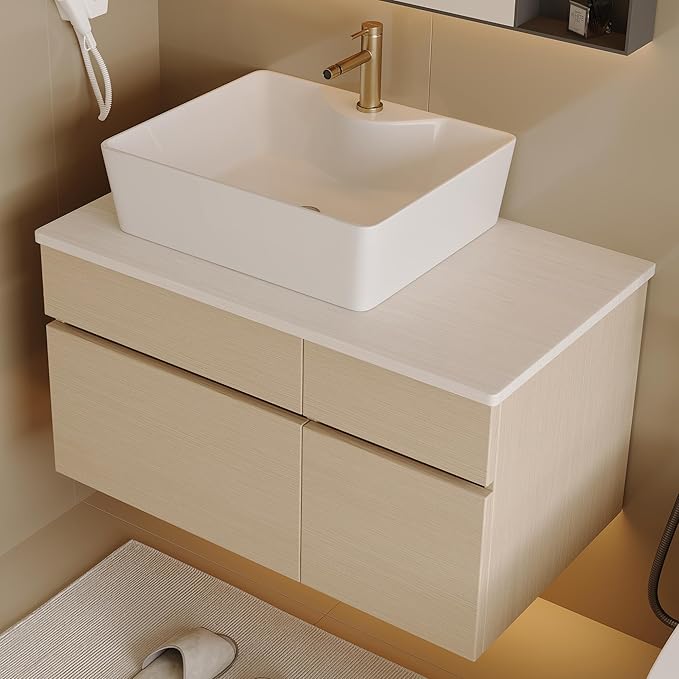 31.5" Floating Bathroom Vanity with Sink and Drawer, Soft Closing, Solid Wood Mid Century Modern Single Bathroom Vanity Cabinet with Storage, Wall Mounted (Natural Wood)