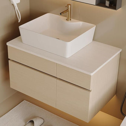 31.5" Floating Bathroom Vanity with Sink and Drawer, Soft Closing, Solid Wood Mid Century Modern Single Bathroom Vanity Cabinet with Storage, Wall Mounted (Natural Wood)
