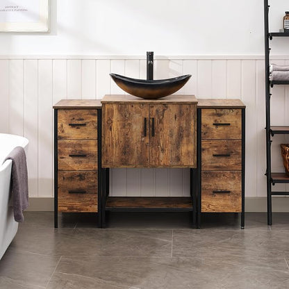 UEV 48" Rustic Brown Bathroom Vanity with Sink Combo,Industrial Iron Frame Bathroom Cabinet Sets with Double 3 Drawers Side Cabinet,Modern Champagne Boat Tempered Glass Vessel Sink(029CH)