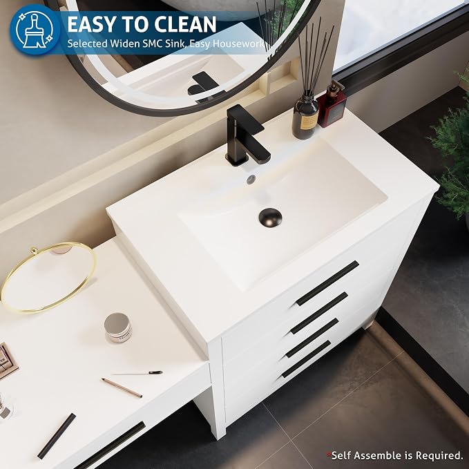 eclife 84" Bathroom Vanity Sink Combo, Modern Painted Vanities Storage Cabinet with 24" Mid Makeup Vanity Desk, 30" Dual White Basins, Faucets & Drains, White