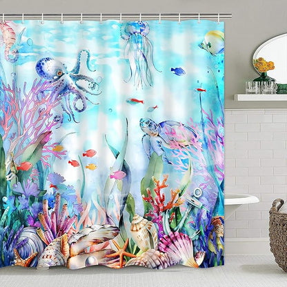 4-Piece Blue Ocean Seaworld Shower Curtain Set Marine Life Bathroom Set with Shower Curtain and Rugs, Octopus Turtle Coral Seagrass Seaworld Bath Curtain with Hooks for Home Decor