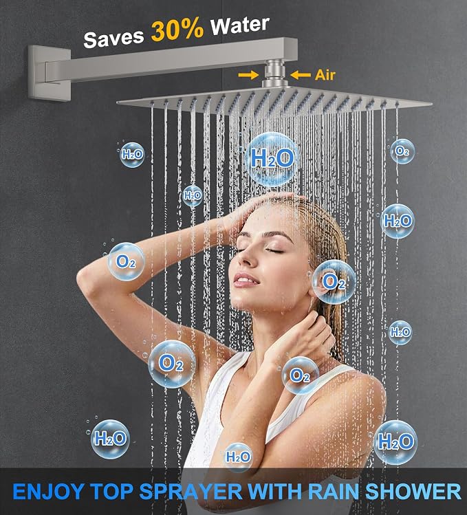 Woindo Shower Faucet Set, 10" Wall Mount Rainfall Shower System with 2 Rain Shower Head and Multi-function Handheld Head Push Button Diverter Shower Faucet Trim Kit