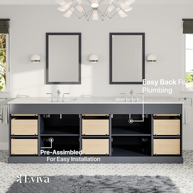 Eviva Epic 96 in. Charcoal Gray Double Sink Bath Vanity with Carrara Quartz Top