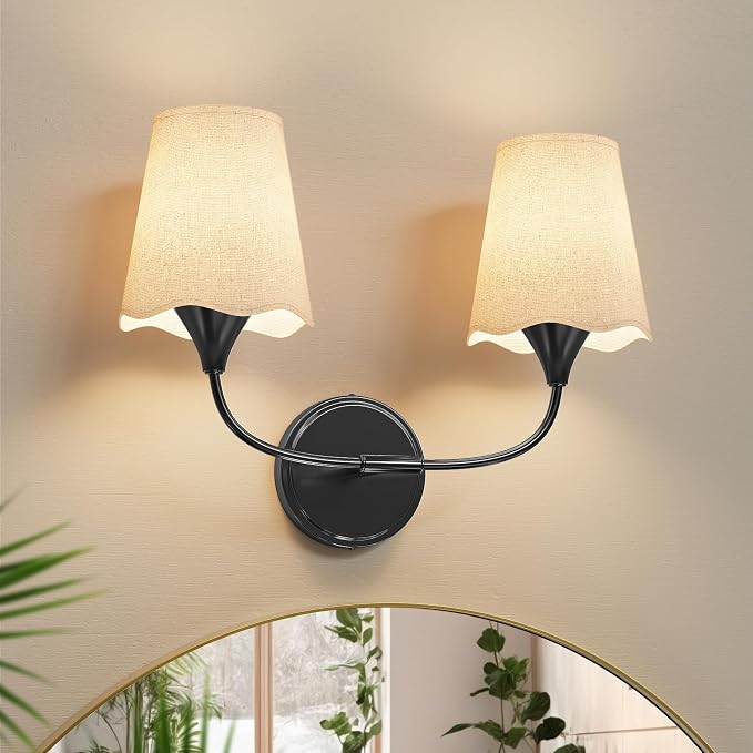 Morauroral Bathroom Light Fixtures Over Mirror, 2 Light Vanity Light for Bathroom, Black Vanity Light Fixtures with Fabric Linen Shade, E26 Socket Sconce Wall Decor(ETL Listed)