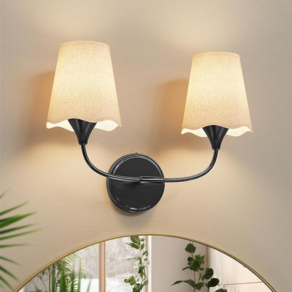 Morauroral Bathroom Light Fixtures Over Mirror, 2 Light Vanity Light for Bathroom, Black Vanity Light Fixtures with Fabric Linen Shade, E26 Socket Sconce Wall Decor(ETL Listed)