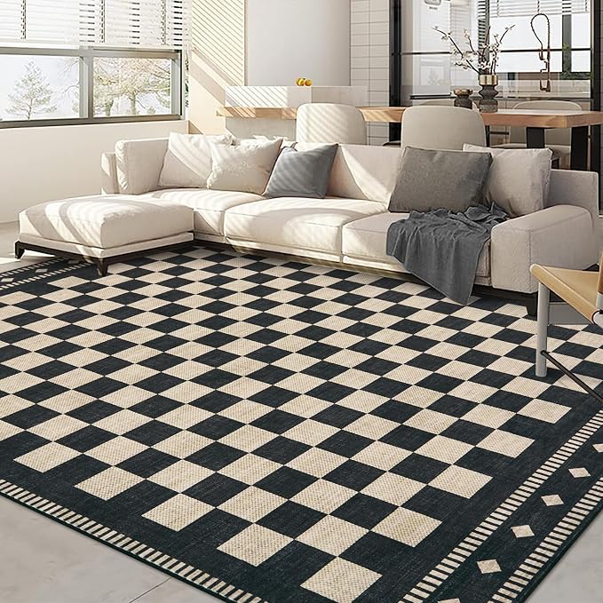 Garvee Washable 5x7 Living Room Rug Checkered Non Slip, Black | Large Area Rug for Bedroom Decor Farmhouse Vintage Black Rug Low Pile Stain Resistant Carpet for Office Dining Room 5'x7'