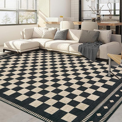 Garvee Washable 5x7 Living Room Rug Checkered Non Slip, Black | Large Area Rug for Bedroom Decor Farmhouse Vintage Black Rug Low Pile Stain Resistant Carpet for Office Dining Room 5'x7'