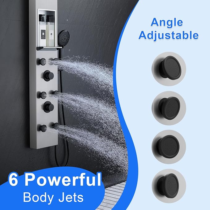 POPFLY Shower Panel Tower System with 8-inch Rainfall Shower and Shelf | Adjustable Shower Arm Height Rainfall Head, 6 Body Jets and 5-Setting Handheld Shower, Brushed Nickel, Stainless Steel