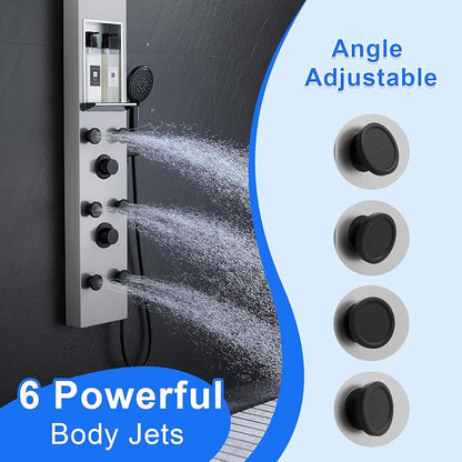 POPFLY Shower Panel Tower System with 8-inch Rainfall Shower and Shelf | Adjustable Shower Arm Height Rainfall Head, 6 Body Jets and 5-Setting Handheld Shower, Brushed Nickel, Stainless Steel