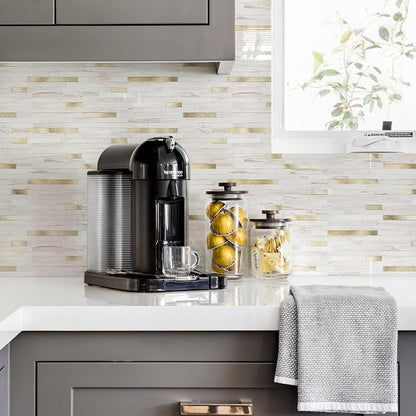 STICKGOO 20 Sheets Peel and Stick Backsplash Tile, Stick on Backsplash for Kitchen and Bathroom, Glossy Eurasian Wood Grain PVC Mixed Metal Gold Self Adhesive Wall Tiles